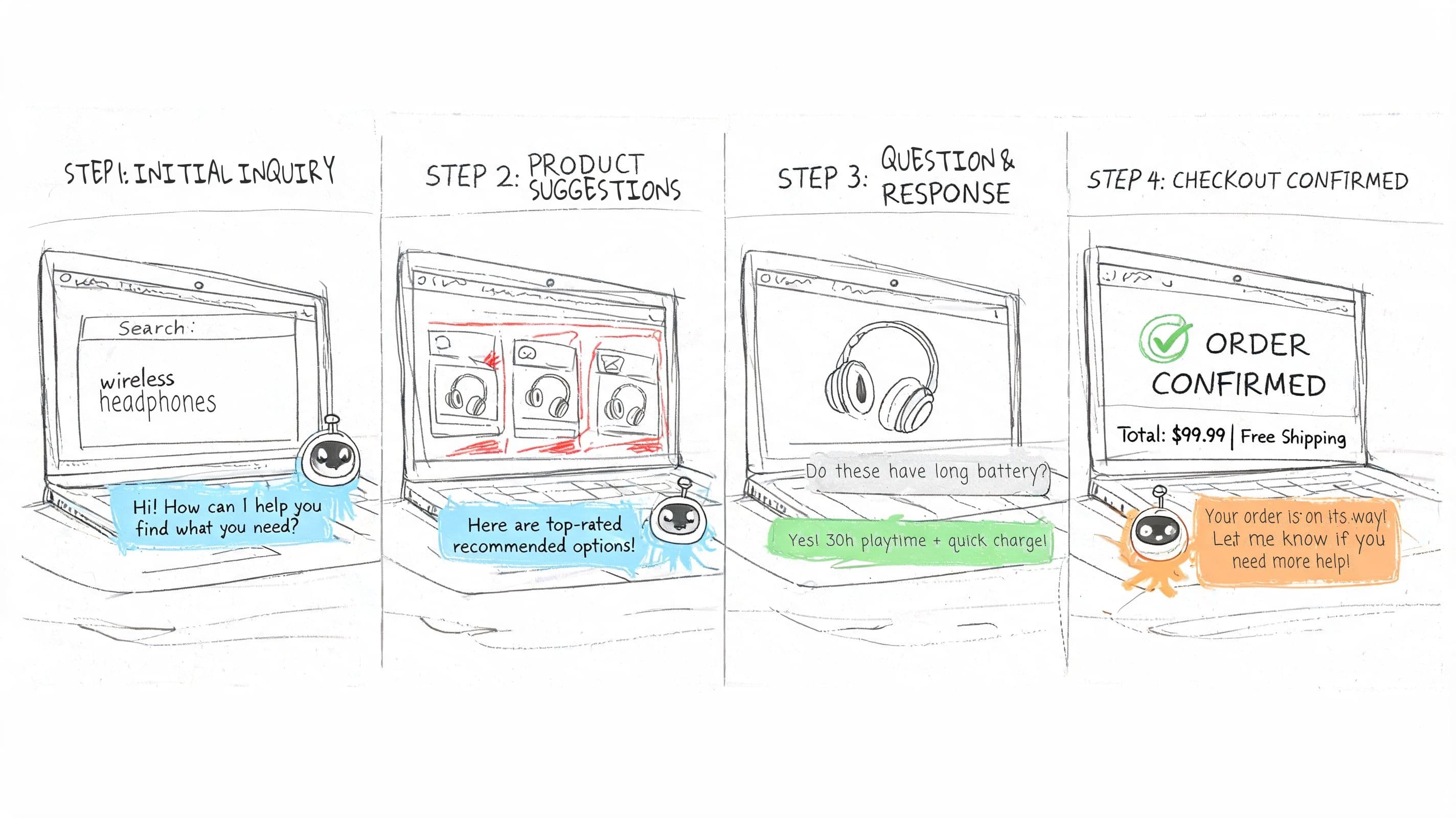 A four-step illustration showing an AI chatbot assisting a user in shopping for headphones on a laptop.