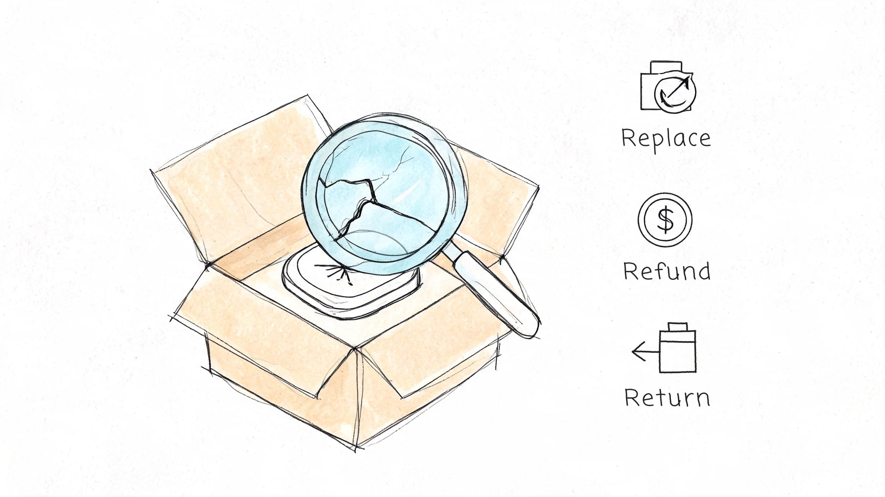 A hand-drawn illustration showing a magnifying glass inspecting a broken object inside a cardboard shipping box.