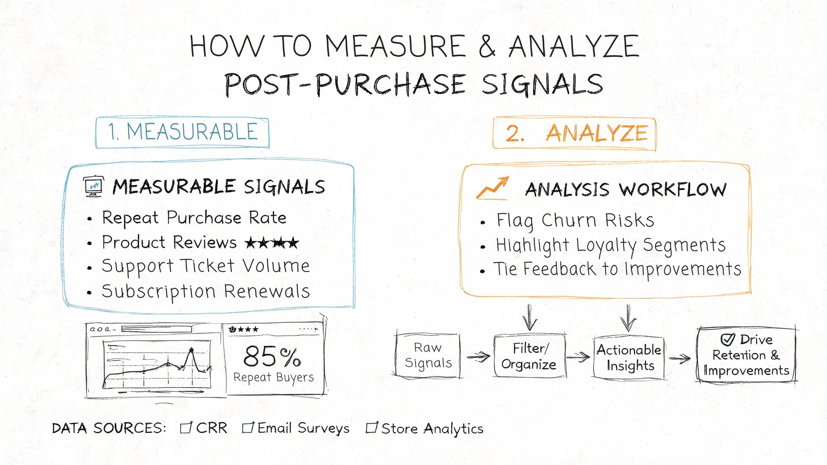 A hand-drawn flowchart illustrating the process of measuring and analyzing customer post-purchase signals for business growth.
