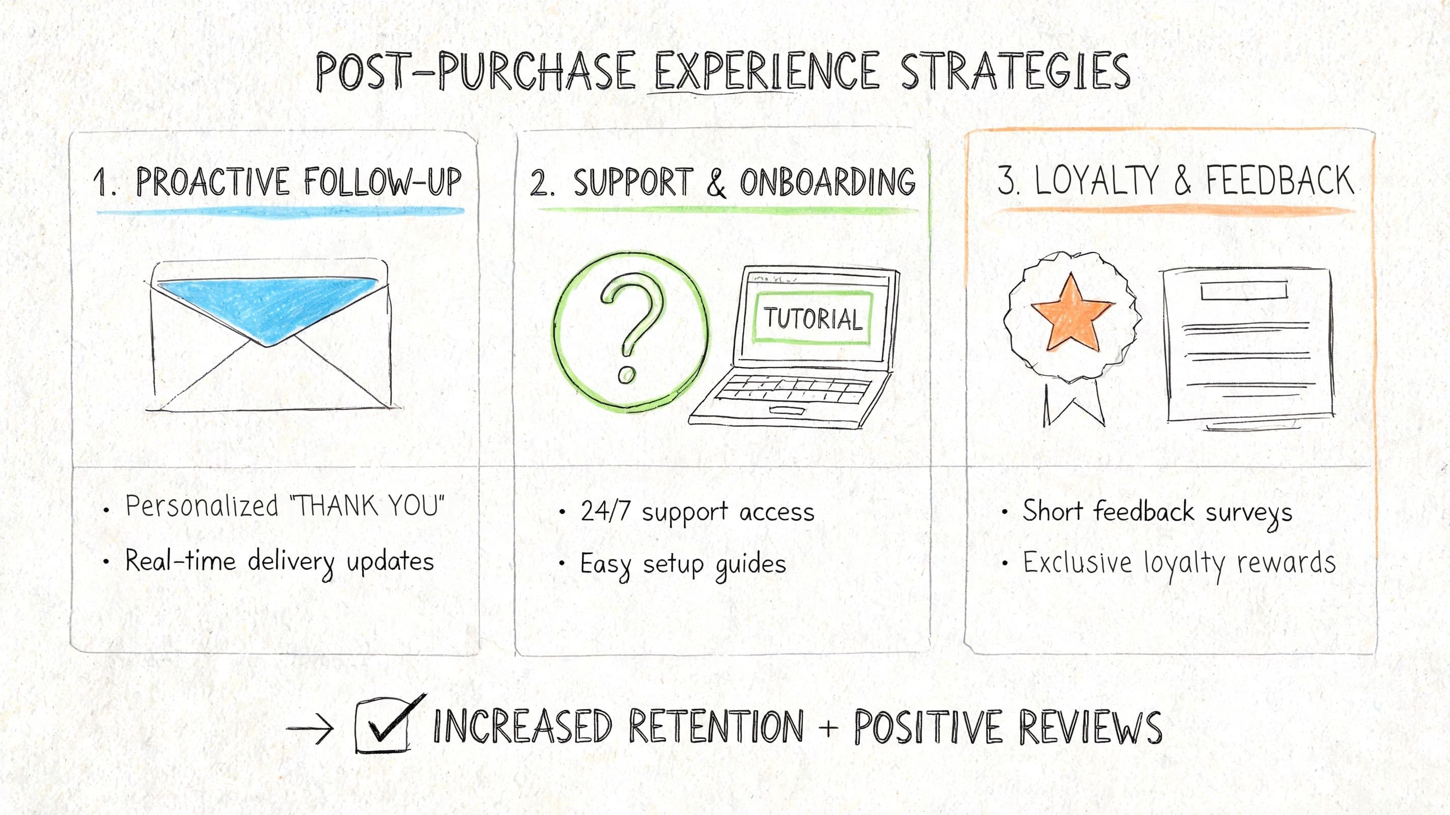 A diagram illustrating three key post-purchase experience strategies to improve customer retention and increase positive reviews.