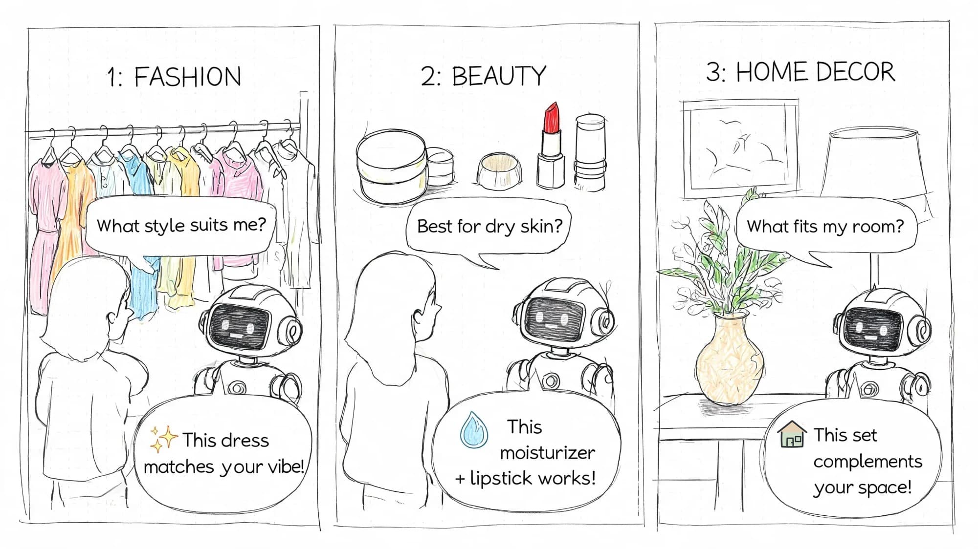 A robot provides personalized shopping recommendations for fashion, beauty products, and home decor to a woman.