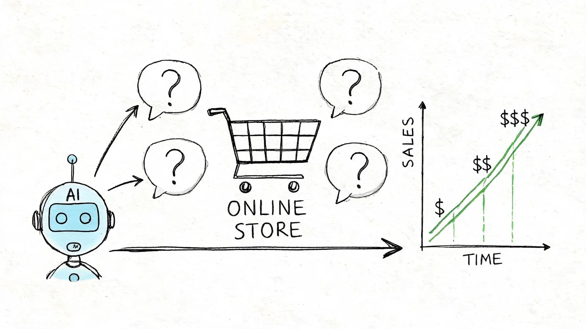 A hand-drawn sketch depicting an AI robot analyzing an online store, leading to an increase in sales.