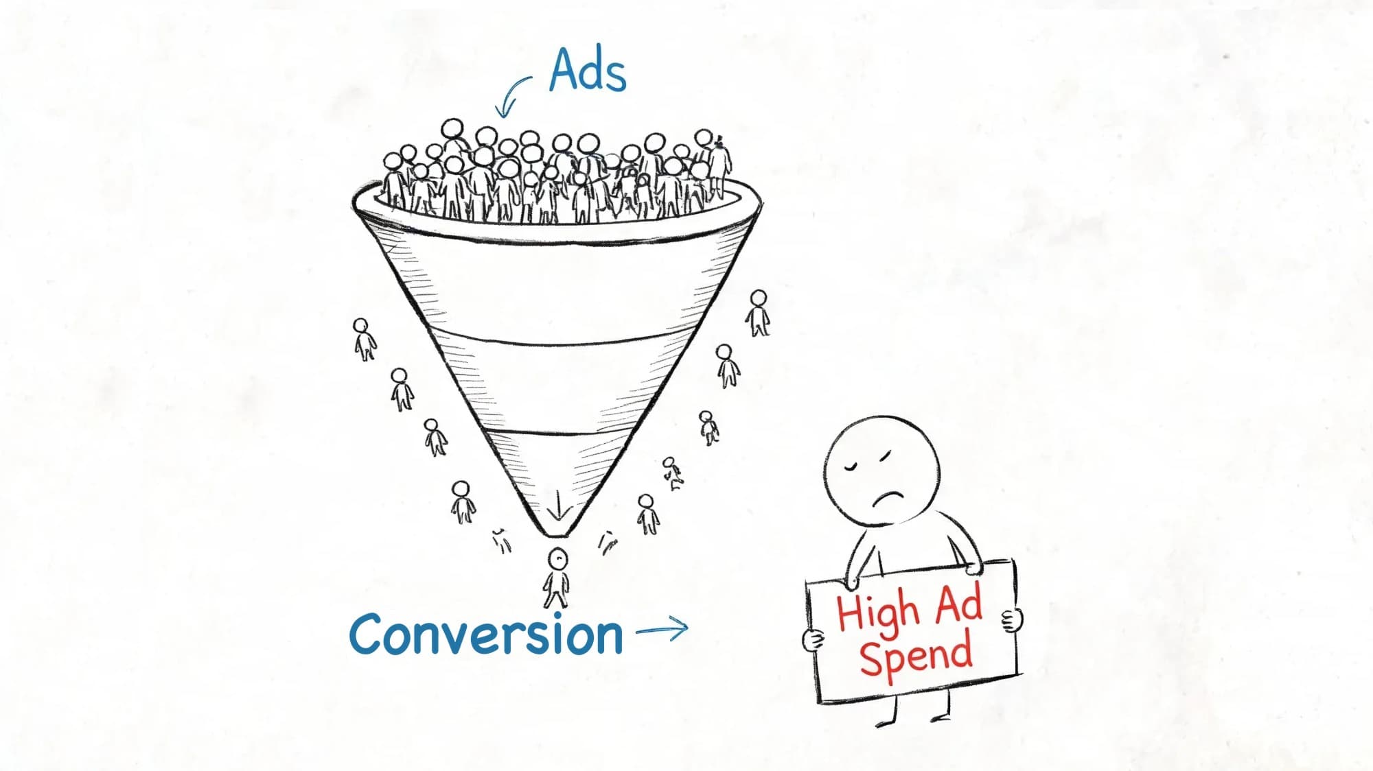 A marketing funnel diagram showing many people entering via ads but few conversions despite high ad spend.