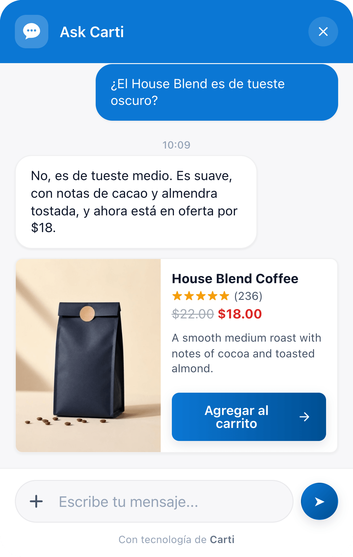 The Carti chat on an example coffee store: a shopper asks in Spanish if the House Blend is a dark roast, and Carti answers in Spanish that it is a medium roast on sale for $18, with the House Blend Coffee card and its Add to cart button in Spanish.
