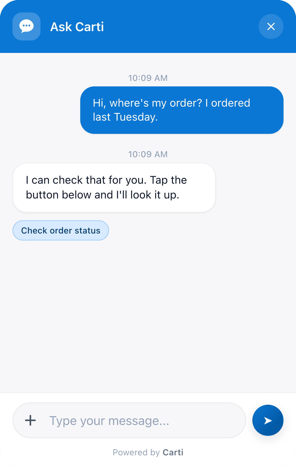 A shopper asks where their order is, and Carti answers with a Check order status button.
