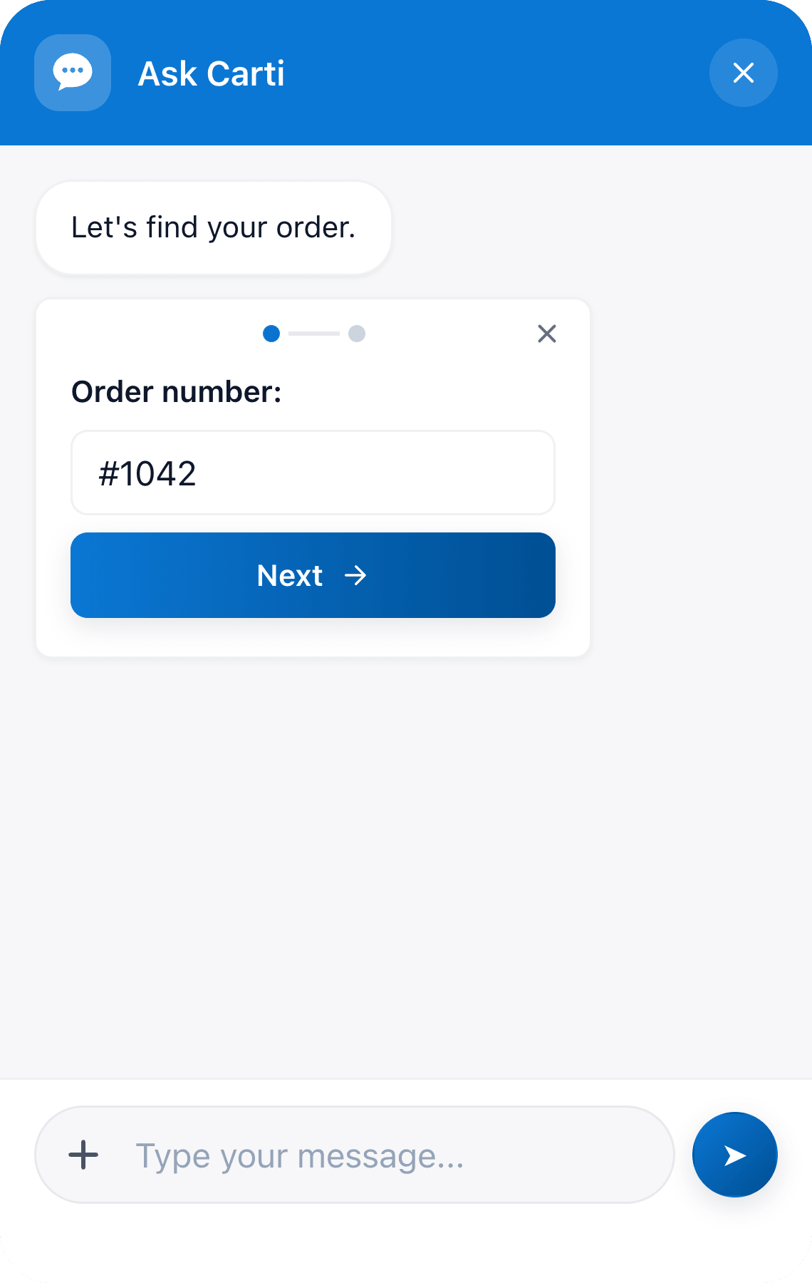 The order lookup form in the Carti chat, asking for the order number.