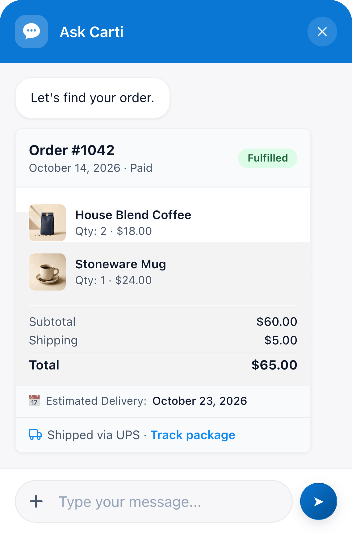 The Carti chat showing order #1042 for an example coffee store: fulfilled, two items, a $65.00 total, an estimated delivery date and a UPS Track package link.