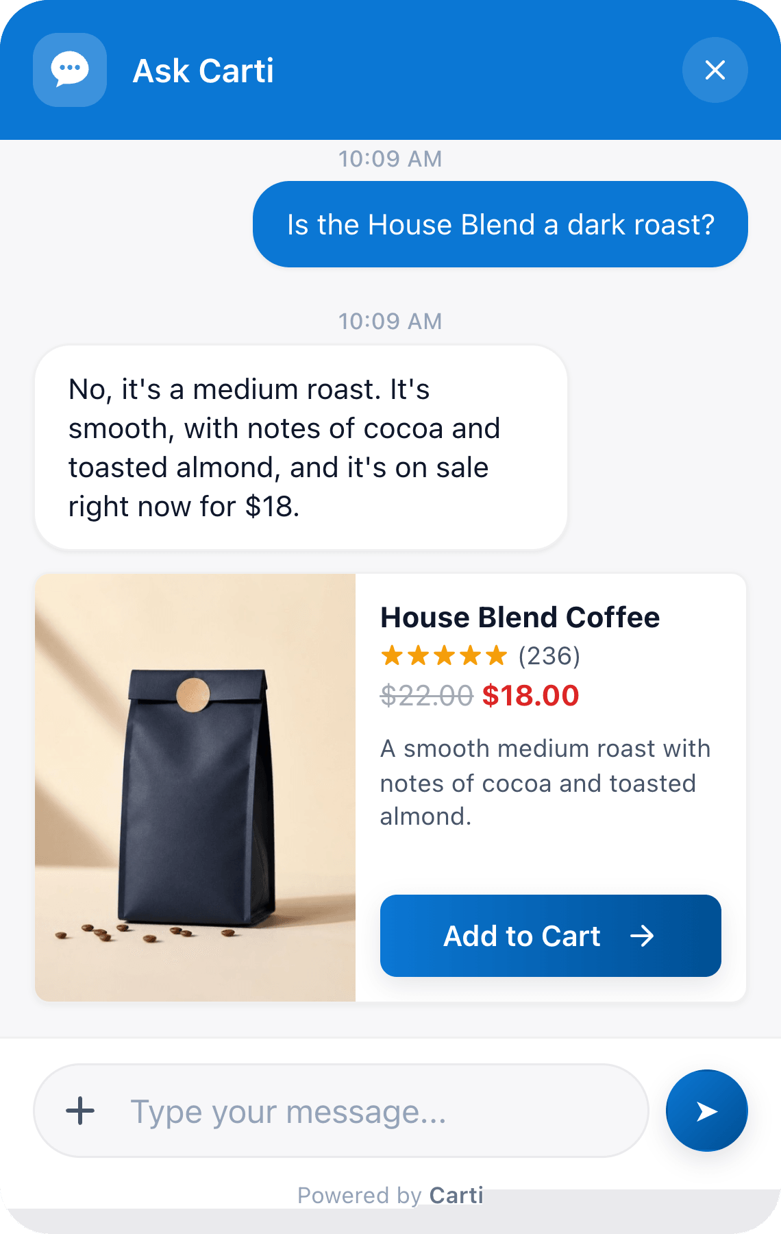 The Carti chat on an example coffee store: a shopper asks if the House Blend is a dark roast, and Carti says it is a medium roast with notes of cocoa and toasted almond, on sale for $18, with the House Blend Coffee card and its 4.8 rating.
