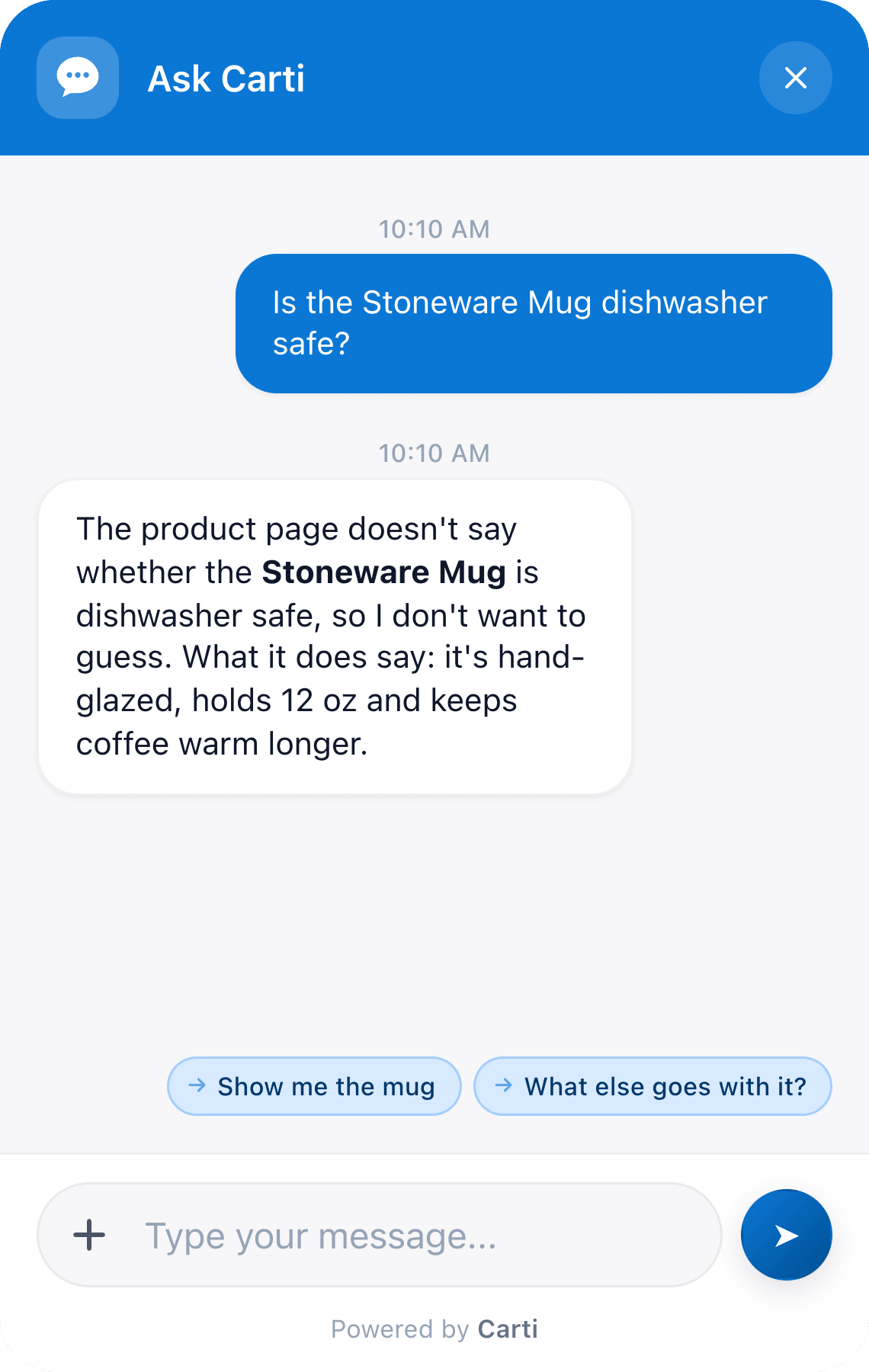A shopper asks if the Stoneware Mug is dishwasher safe. Carti says the product page doesn't say, so it won't guess, and shares what the page does say: hand-glazed, 12 oz, keeps coffee warm longer.