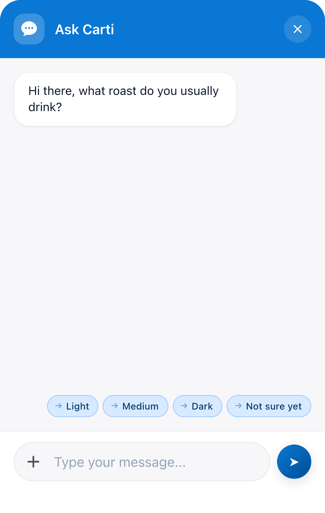 The Carti chat on an example coffee store, opened by itself while a shopper lingers on a product page. Carti asks what roast they usually drink and offers four replies to tap.