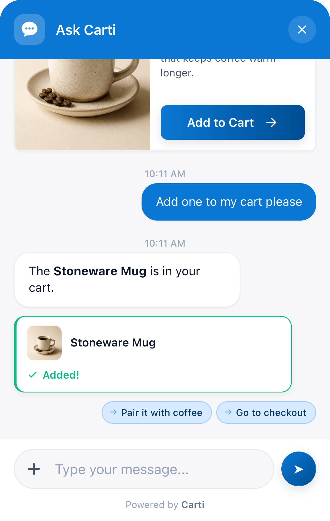 A shopper asks Carti to add the Stoneware Mug to the cart. Carti's cart card shows the mug as Added, with suggested replies to pair it with coffee or go to checkout.