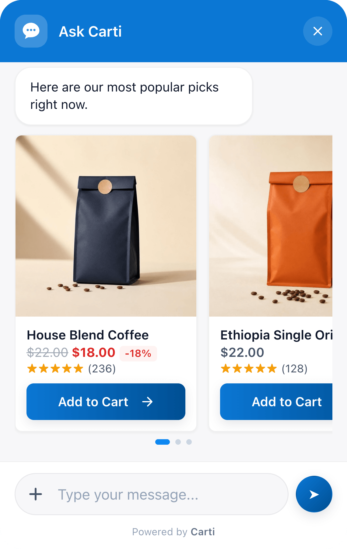 A shopper asks what coffees the store has. Carti shows a swipeable row of product cards, starting with the House Blend Coffee on sale.