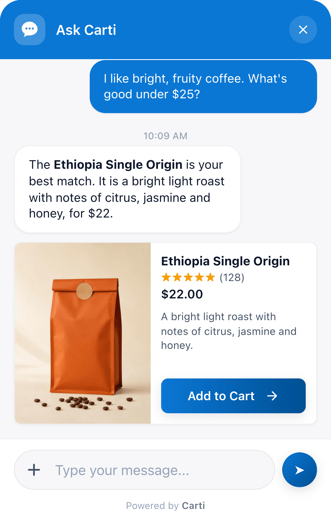 The Carti chat on an example coffee store: a shopper asks for a bright, fruity coffee under $25, and Carti recommends the Ethiopia Single Origin with its card at $22 and a 4.9 rating from 128 reviews.