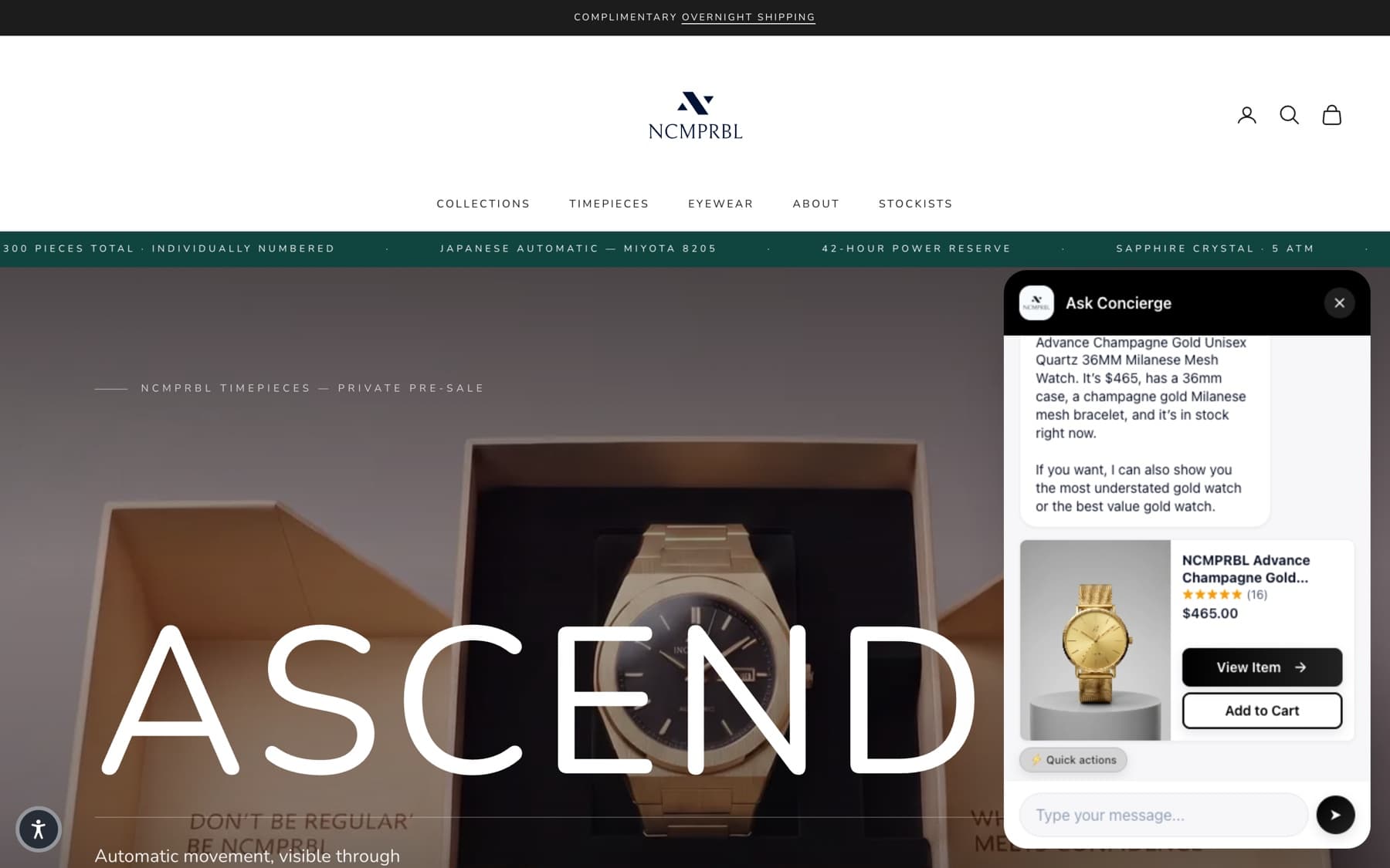 A Shopify storefront with the Carti chatbot open, recommending a gold watch with price, reviews, and add to cart