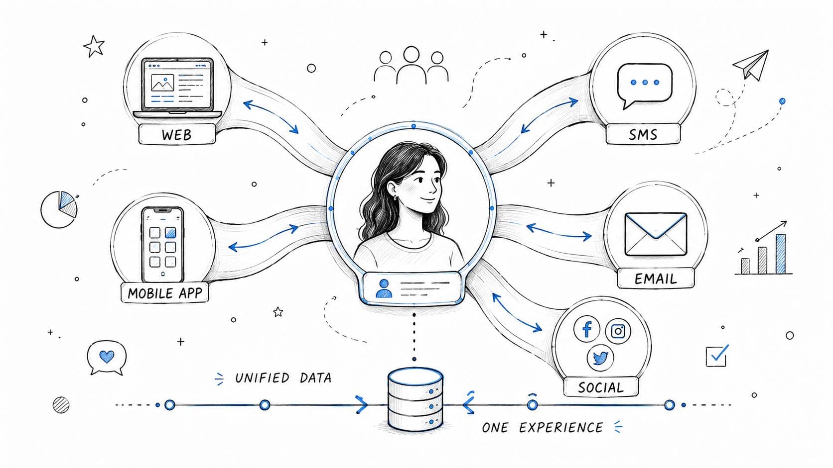 A hand-drawn illustration showing a customer in the center connected to multiple digital communication channels.