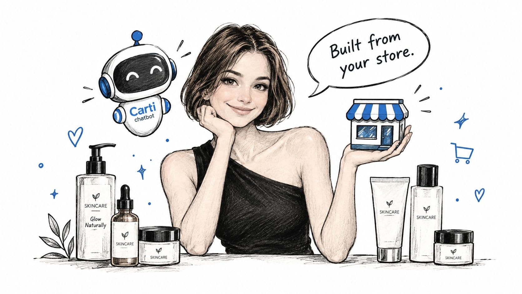 A friendly chatbot mascot, a smiling woman, and skincare products illustrating an ecommerce shopify store solution.