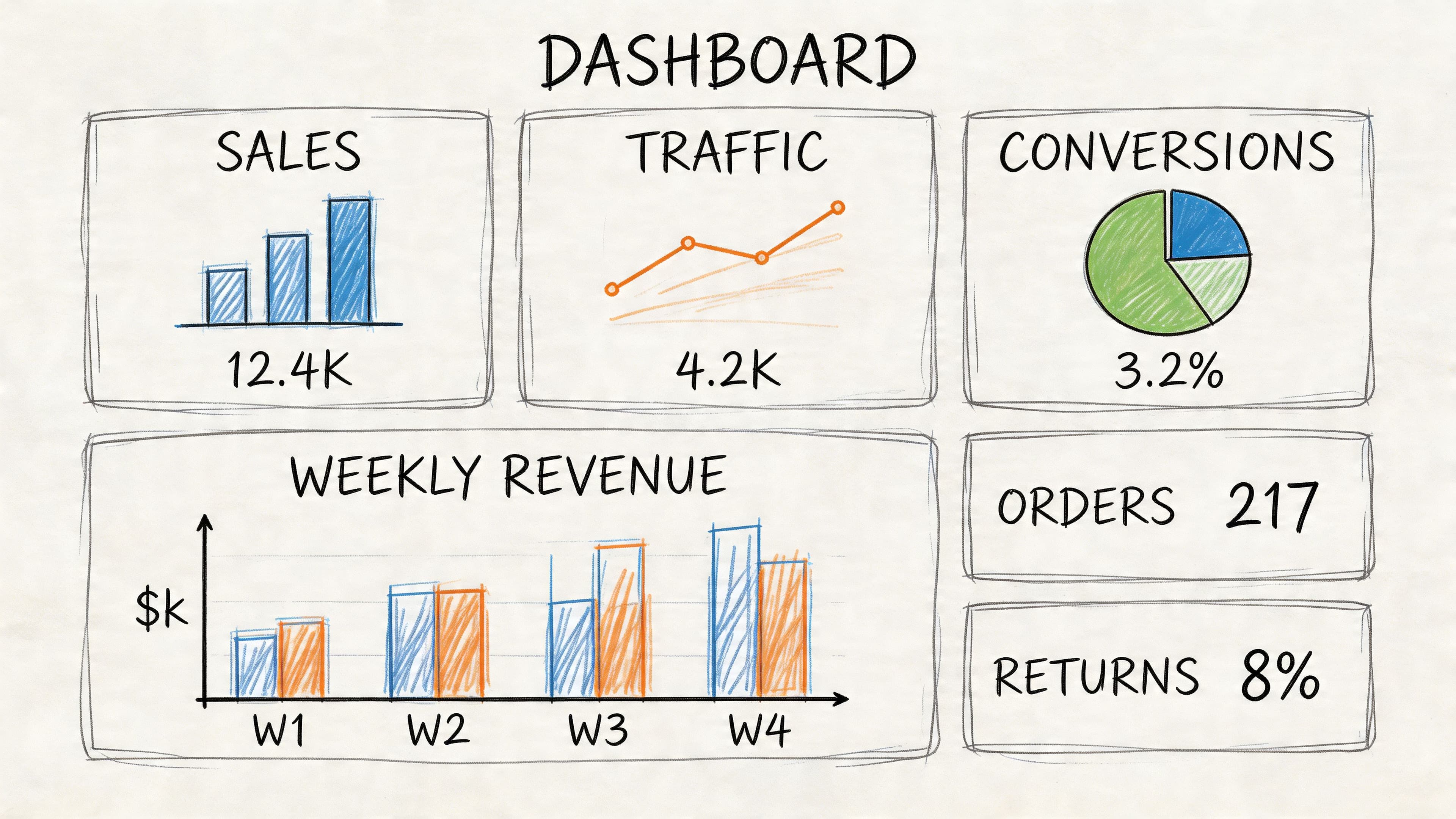 A hand-drawn business dashboard displaying various e-commerce key performance indicators like sales, traffic, revenue, orders, and returns.