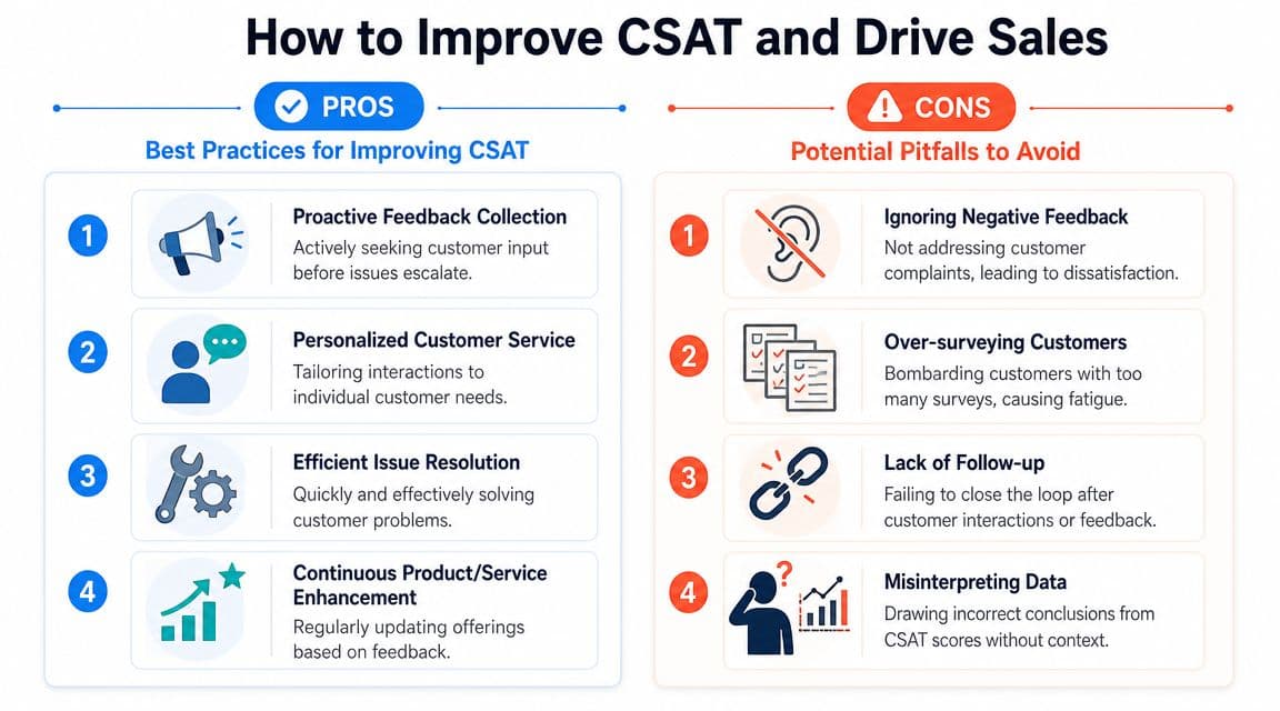 A comparison chart outlining best practices for improving CSAT and potential pitfalls to avoid in business.