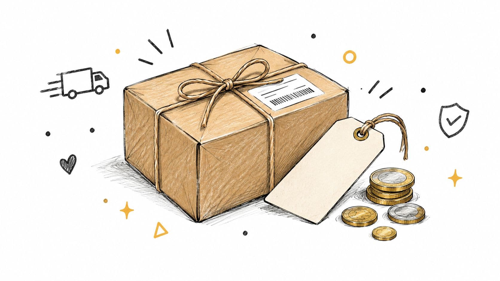 A hand-drawn illustration of a cardboard package with a shipping label, price tag, and gold coins.