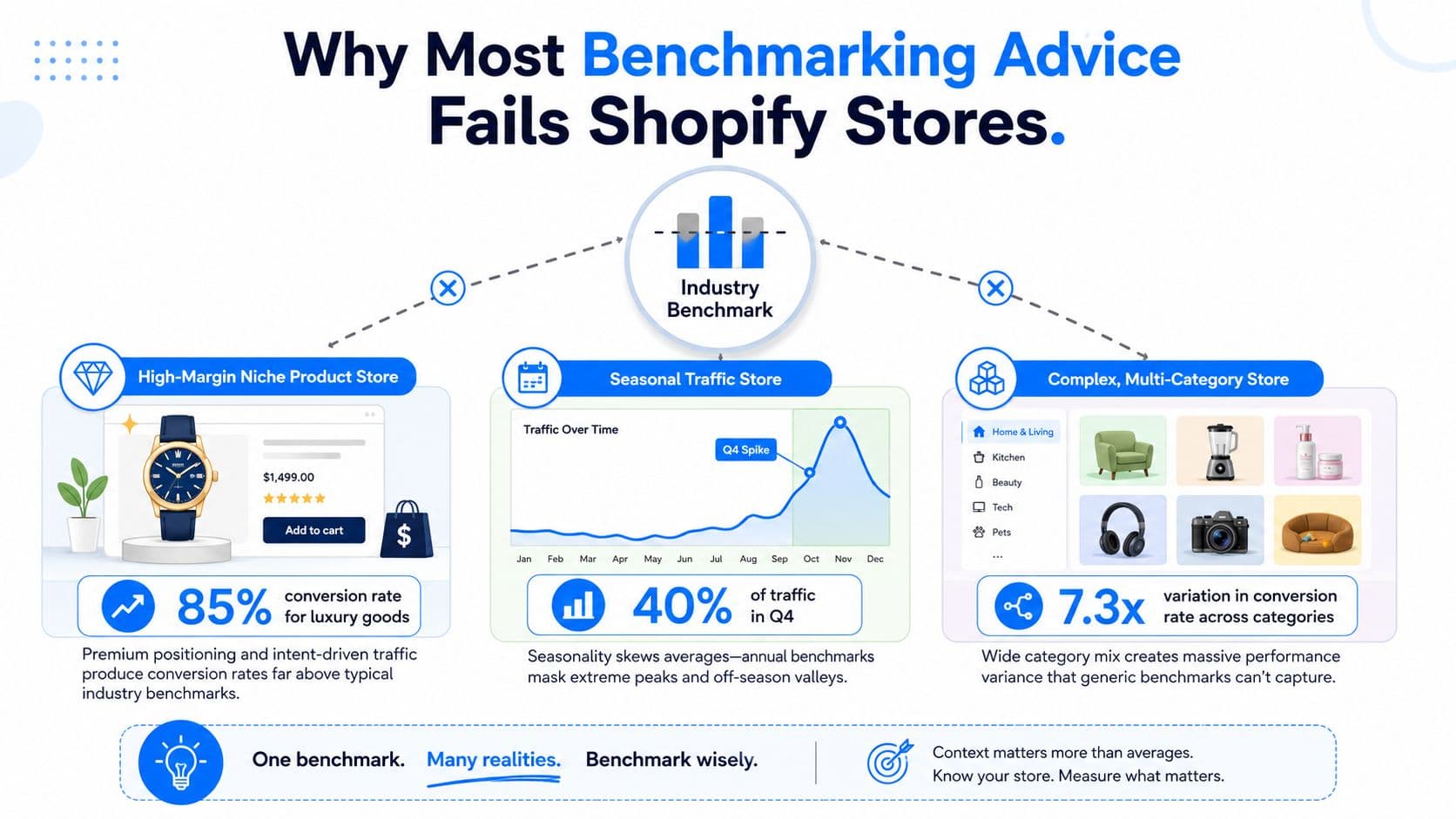 An infographic explaining why generic Shopify benchmarking fails by using three different store examples as comparisons.