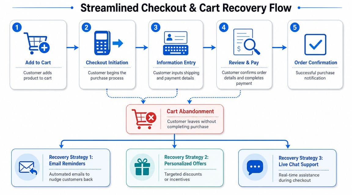 A diagram illustrating a streamlined e-commerce checkout process and strategies for recovering abandoned shopping carts.