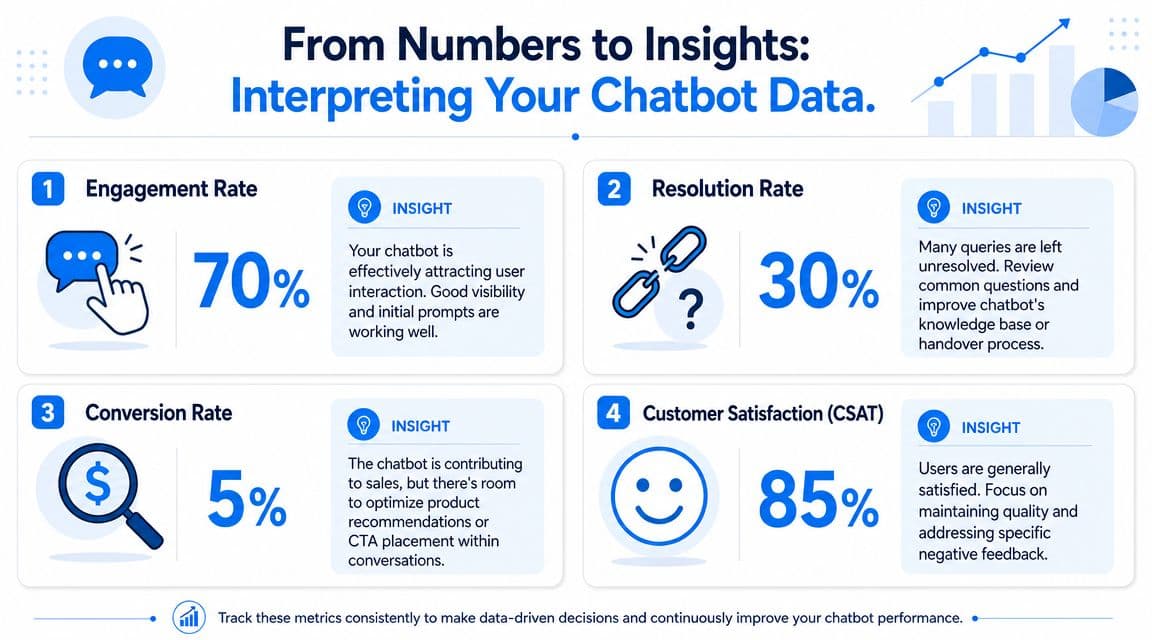 An infographic titled From Numbers to Insights showcasing key chatbot performance metrics with analysis for each.