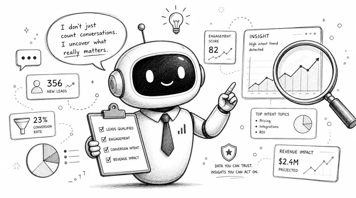 A friendly robot mascot presenting data analytics, charts, and business growth insights in a hand-drawn sketch style.