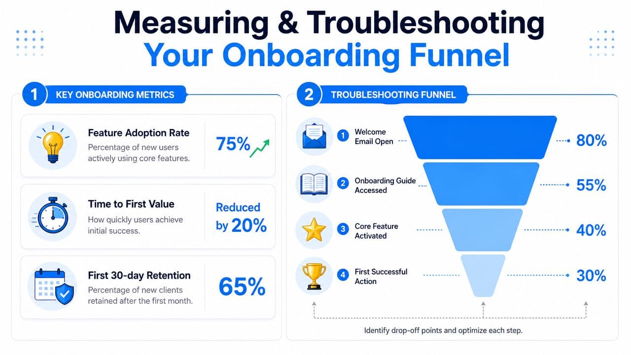 An infographic showing key onboarding metrics and a funnel diagram for identifying and optimizing user drop-off points.