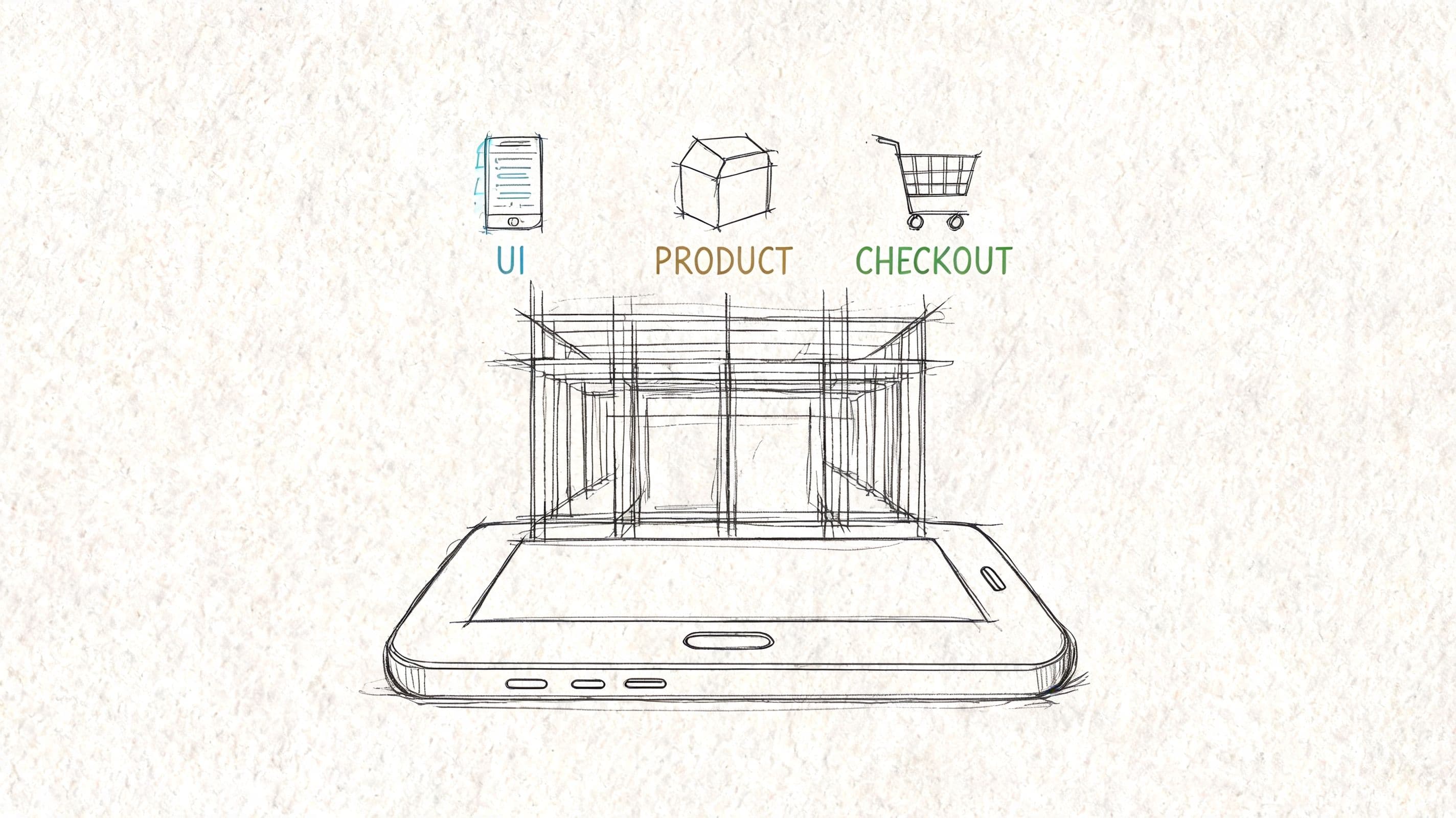 A conceptual sketch showing a tablet projecting a 3D architectural framework related to mcommerce processes.