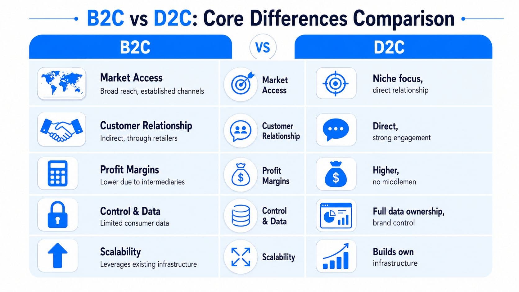 A comparison chart outlining the key differences between business-to-consumer and direct-to-consumer business models.