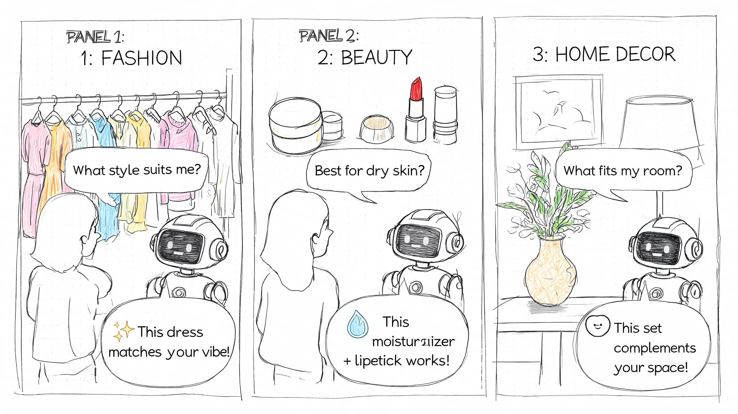 A robot provides personalized shopping recommendations for fashion, beauty products, and home decor to a woman.