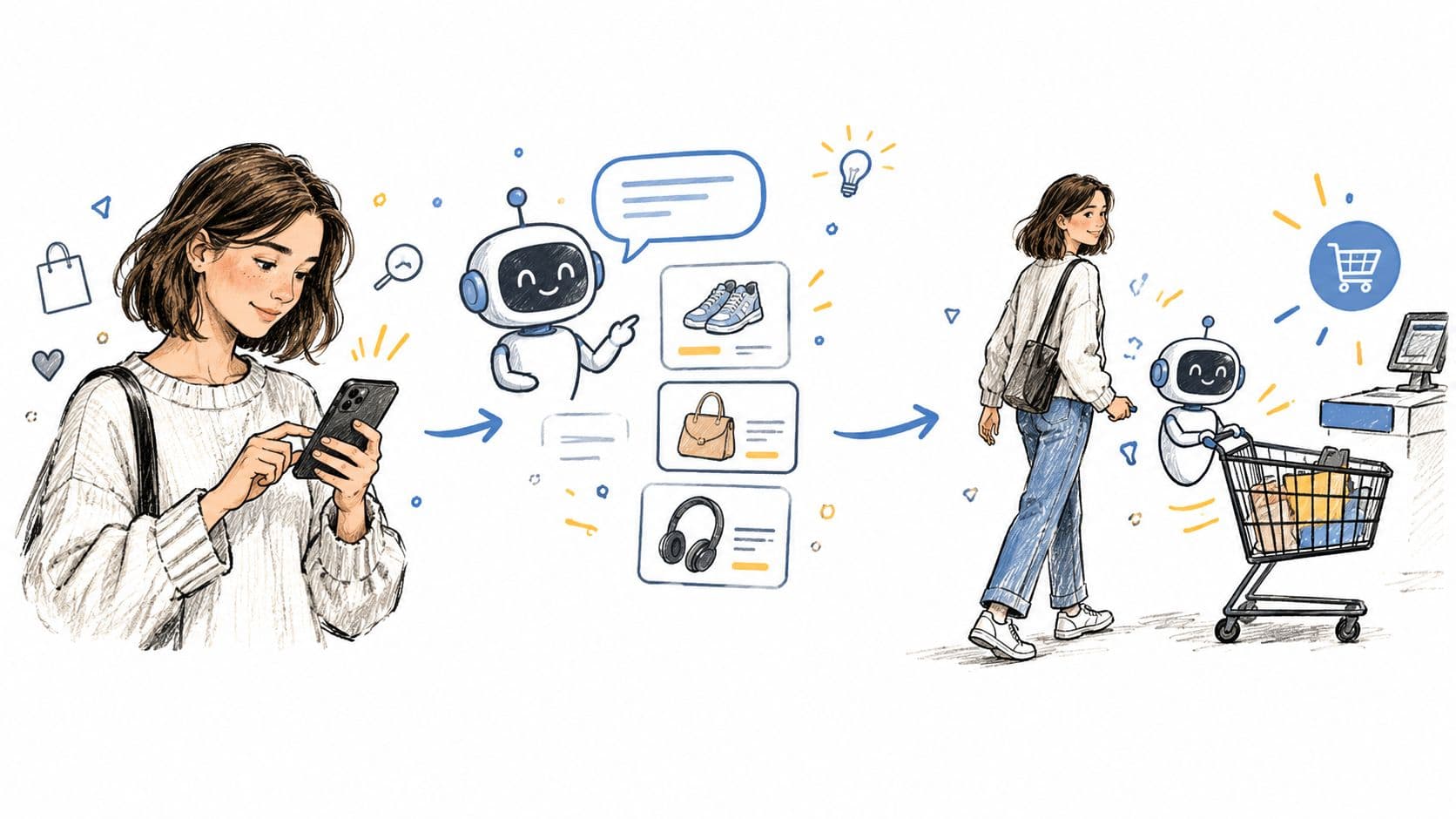 A woman interacts with an AI shopping assistant on her smartphone, then walks with a robot pushing a cart.