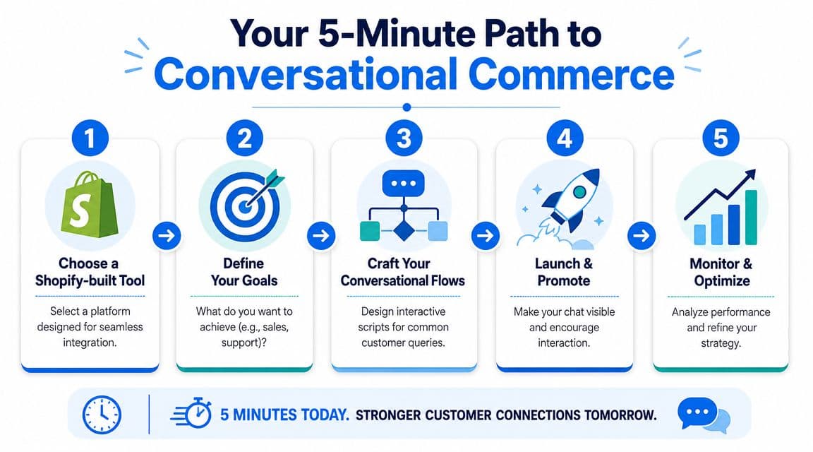 An infographic titled Your 5-Minute Path to Conversational Commerce, showing a five-step process for business integration.