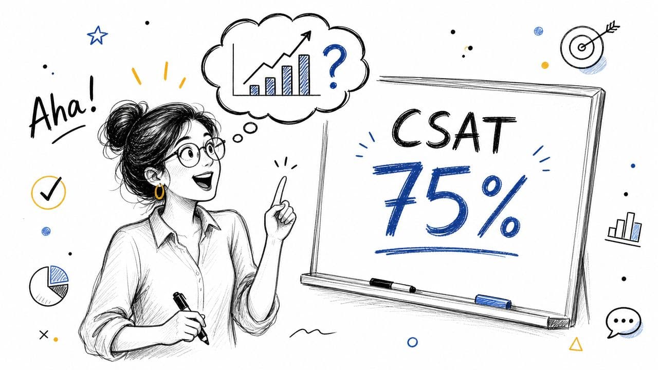 A businesswoman standing by a whiteboard with a 75% CSAT score written on it for customer satisfaction.