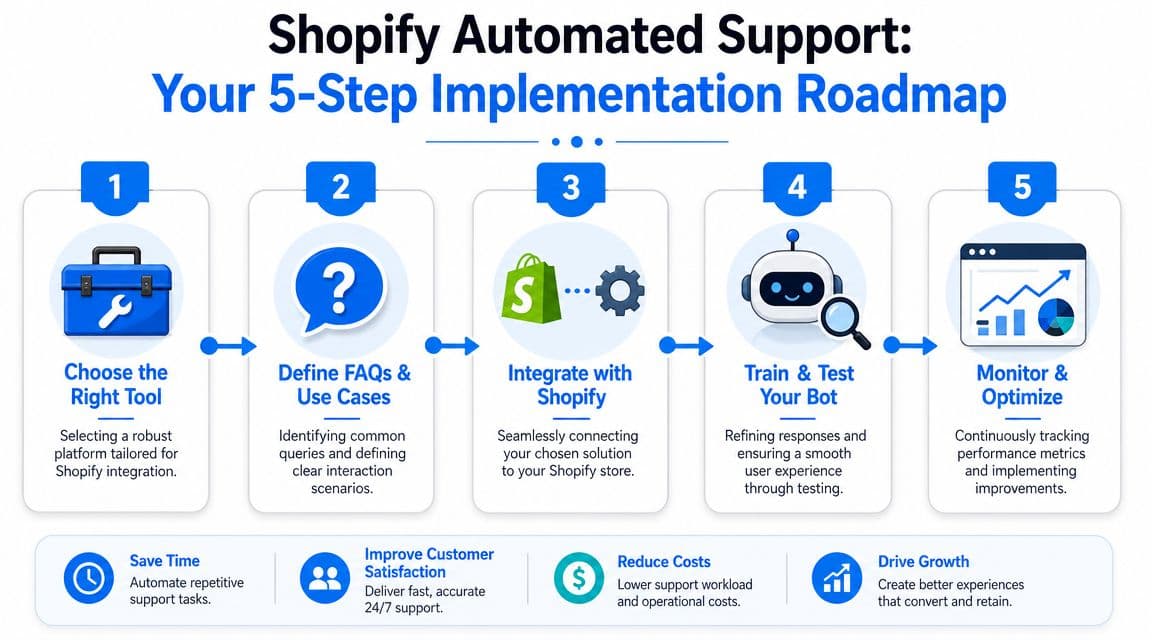A 5-step roadmap infographic for implementing automated customer support for Shopify stores to improve business efficiency.
