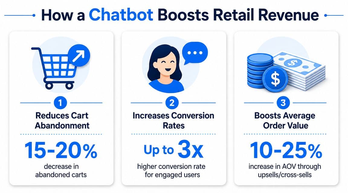 An infographic showing how a retail chatbot reduces cart abandonment, increases conversion rates, and boosts average order value.