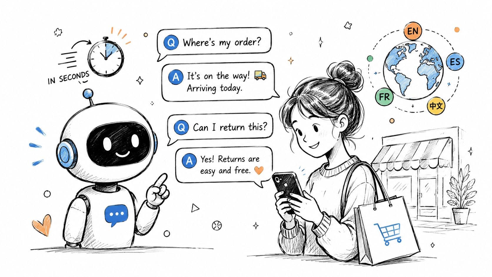 A friendly chatbot assisting a shopper on a smartphone, highlighting fast customer support and multilingual services.