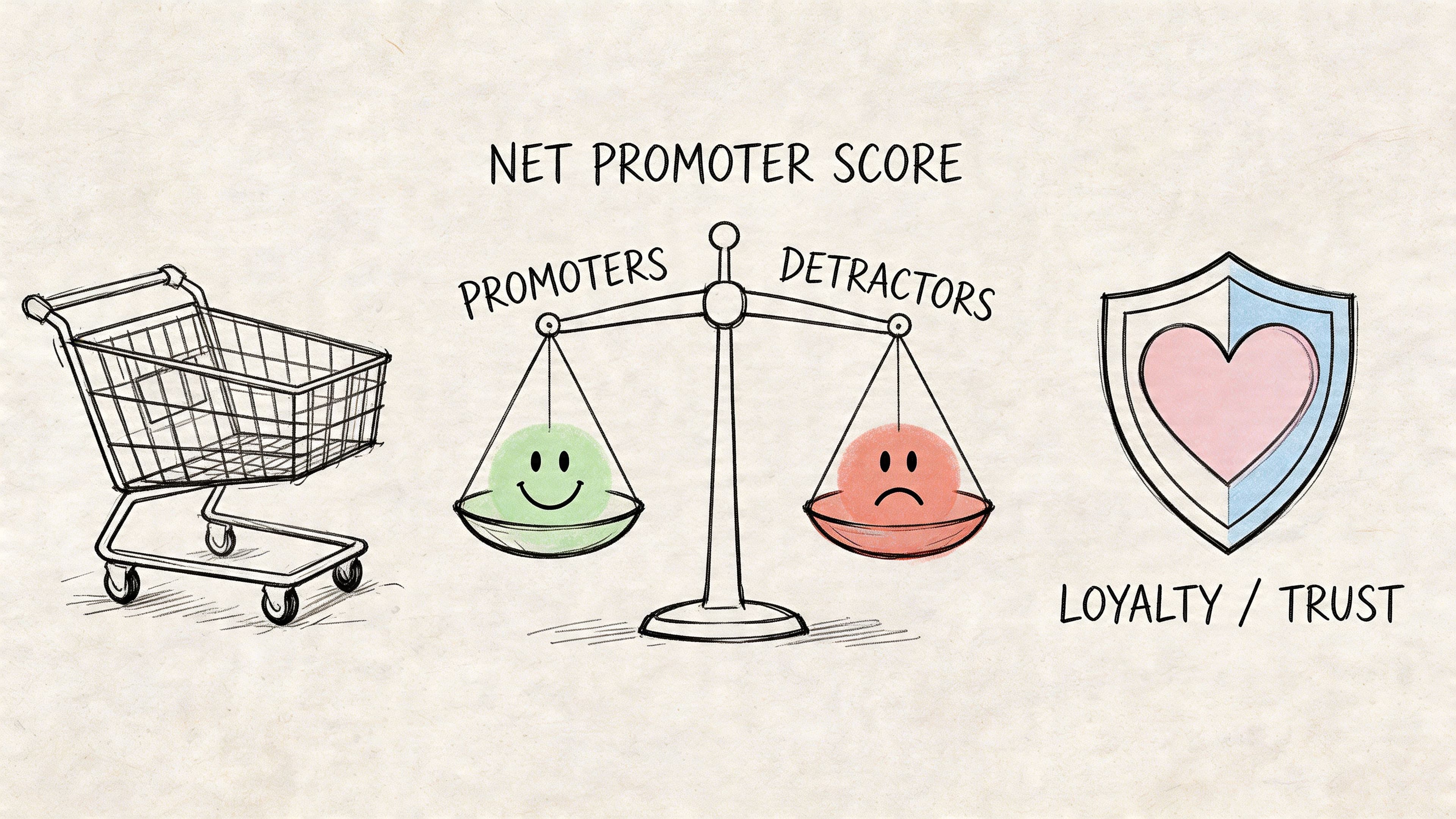 A conceptual illustration representing Net Promoter Score, balancing promoters and detractors to build customer loyalty and trust.
