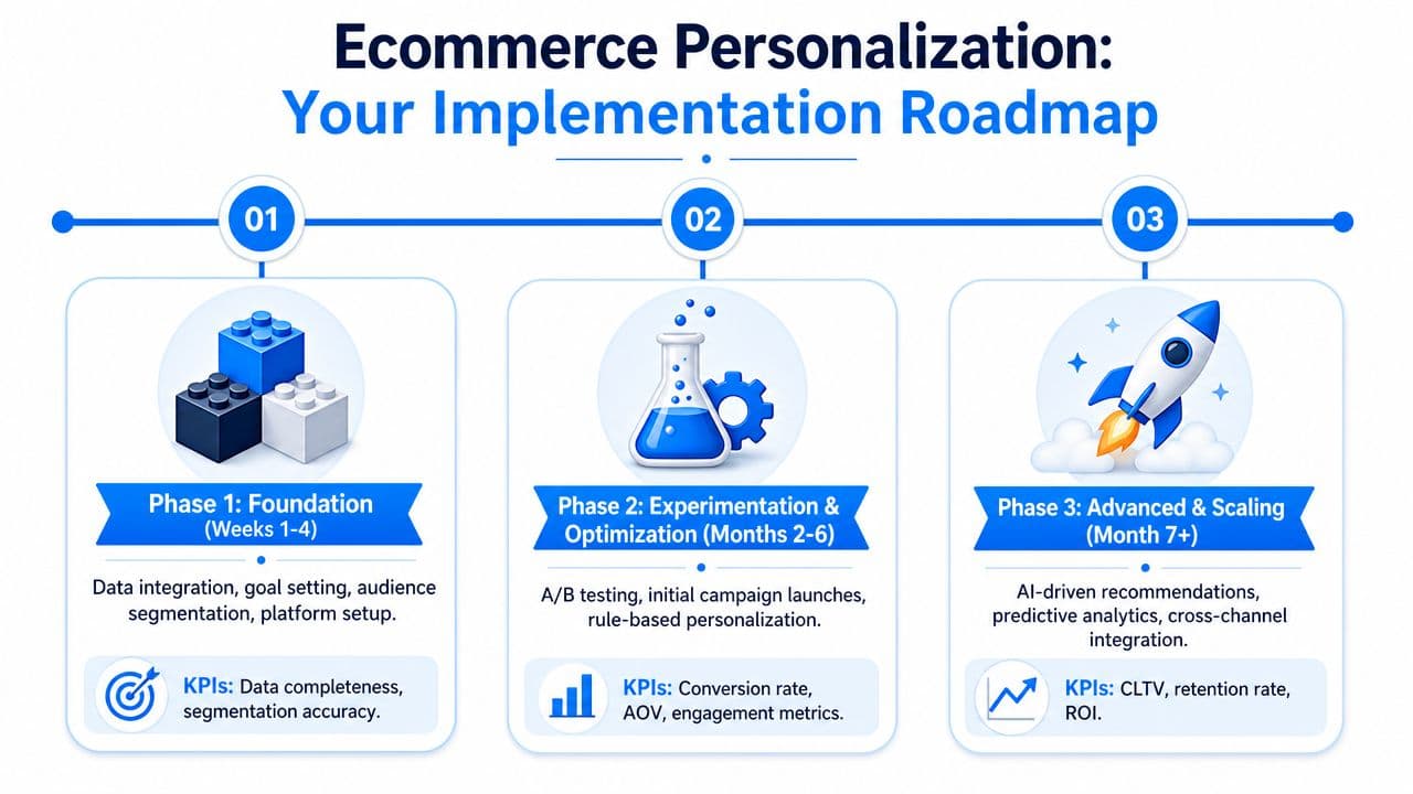 A roadmap diagram for ecommerce personalization outlining three phases from foundation to scaling and advanced analytics.