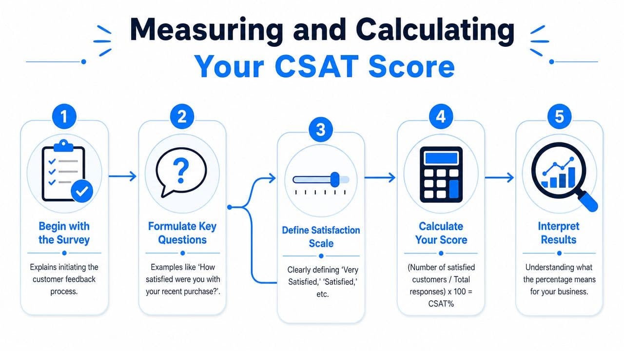 A step-by-step infographic titled Measuring and Calculating Your CSAT Score, outlining the five-stage customer satisfaction measurement process.