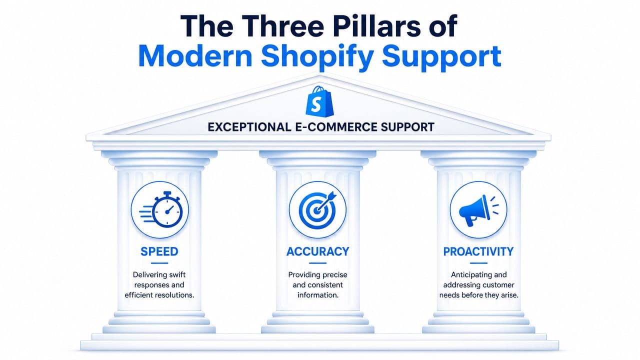 A graphic illustration depicting the three pillars of modern Shopify support: speed, accuracy, and proactivity.