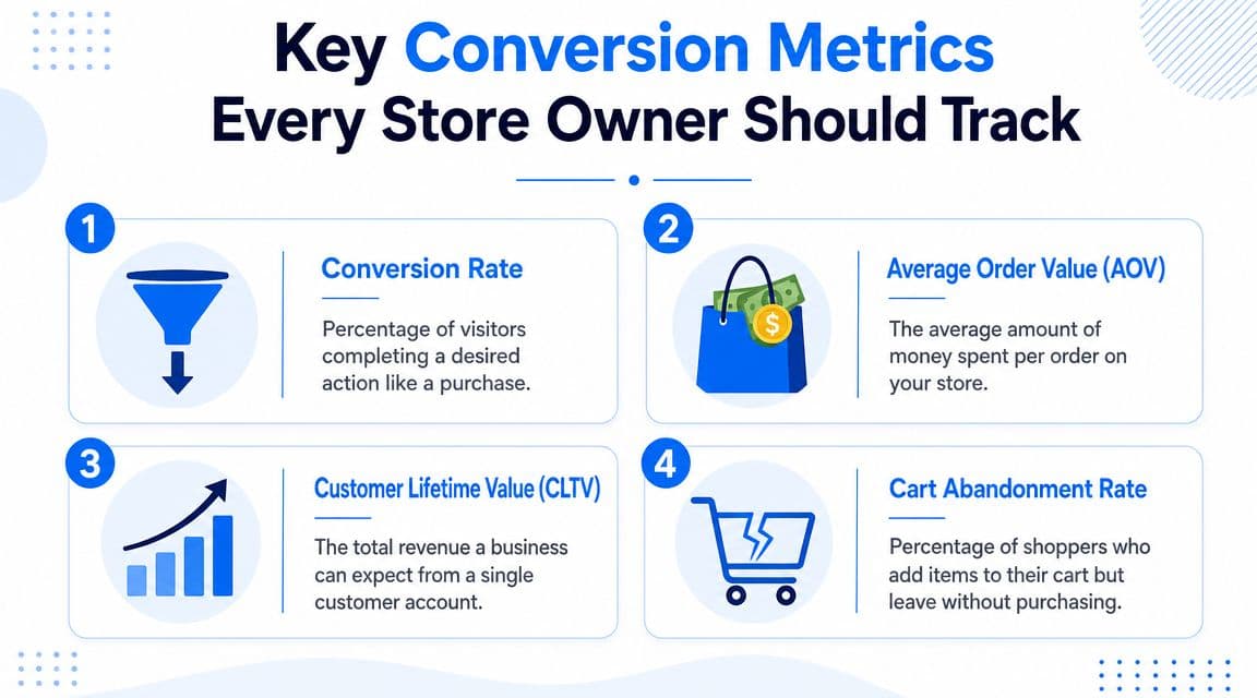 A visual guide illustrating four essential e-commerce conversion metrics store owners should track for business growth.