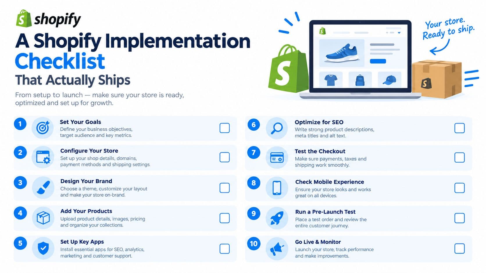 A comprehensive Shopify implementation checklist for launching and optimizing an e-commerce store, featuring ten essential setup steps.