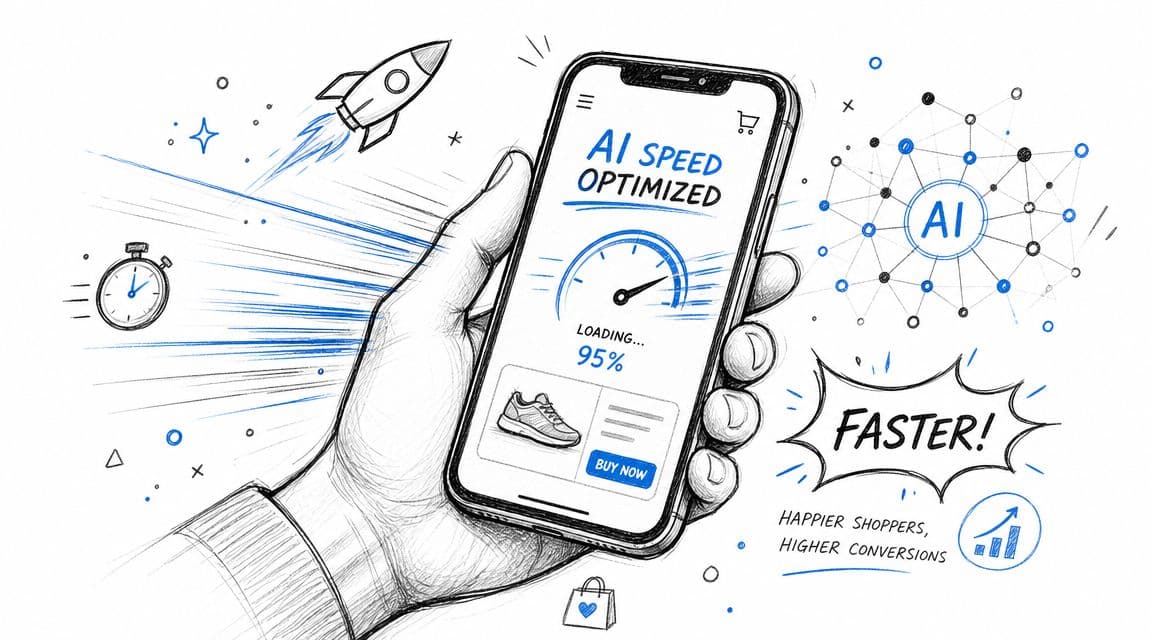 A hand holding a smartphone showing an AI speed optimized interface for faster mobile e-commerce shopping.
