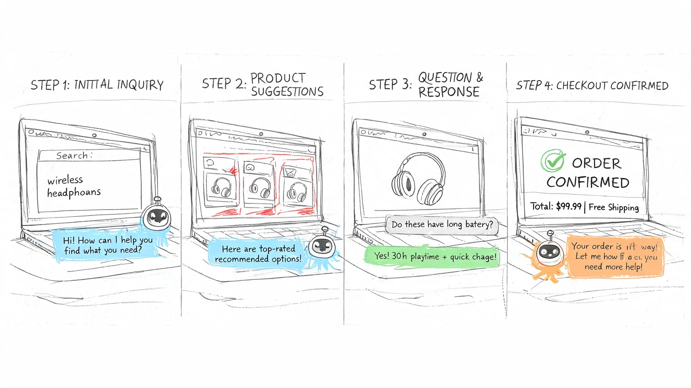 A four-step illustration showing an AI chatbot assisting a user in shopping for headphones on a laptop.