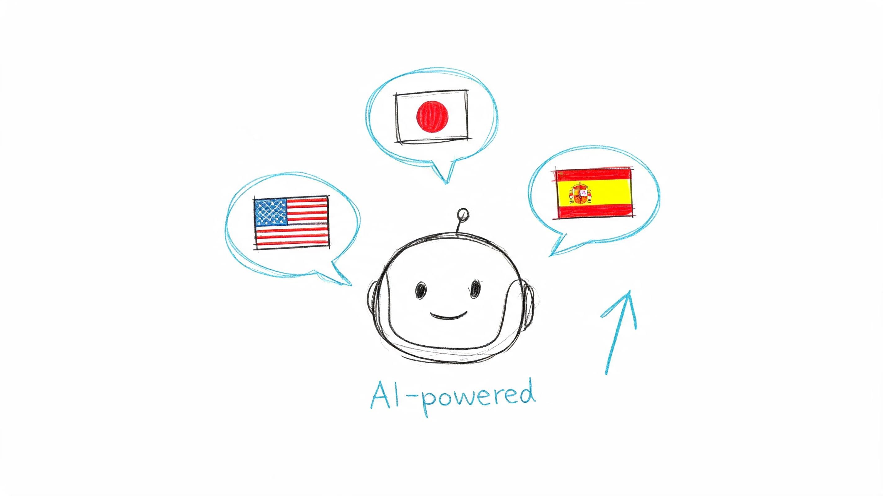 A hand-drawn sketch of a smiling robot representing AI-powered multilingual customer service with flags.
