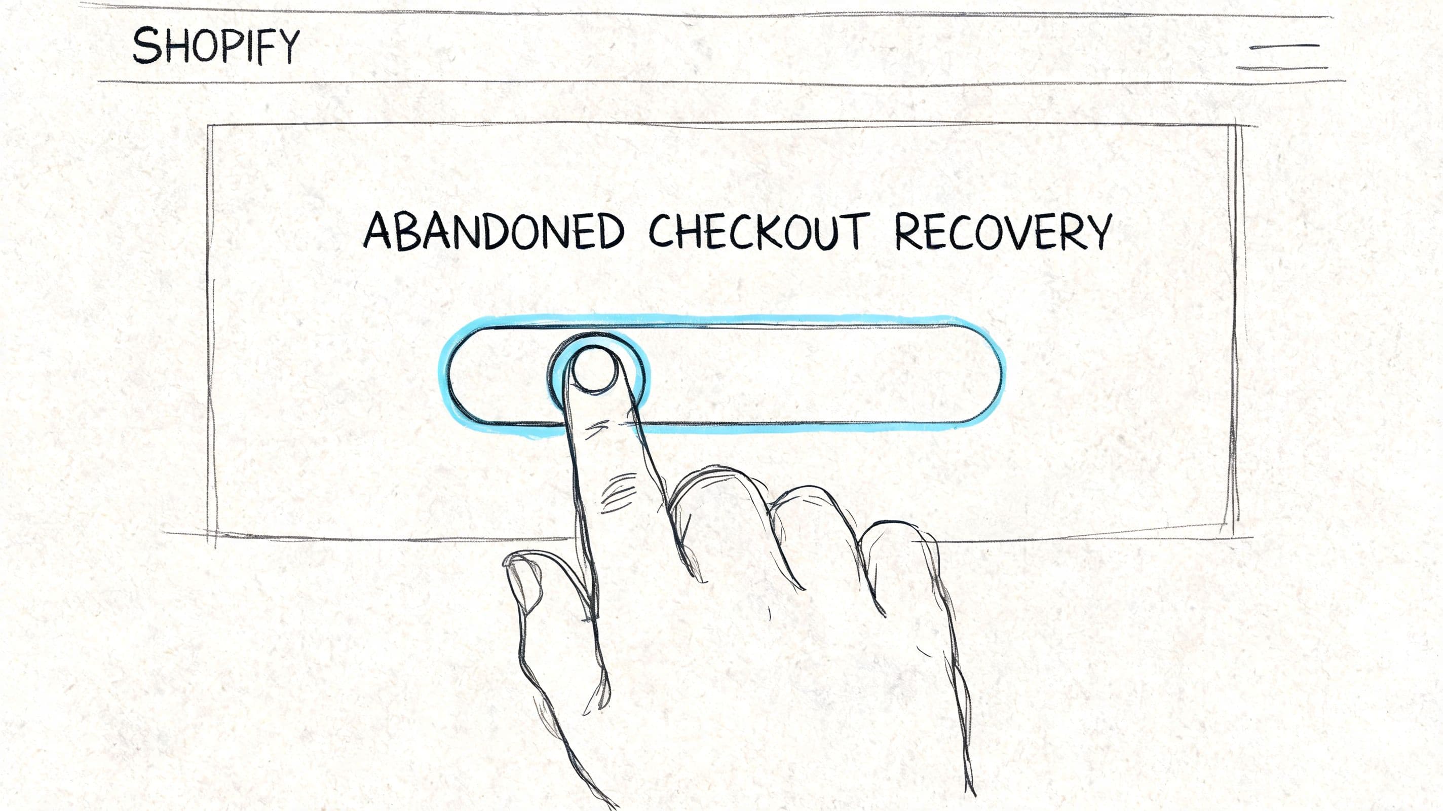 A hand finger pressing a button to enable Shopify abandoned checkout recovery for an online store.