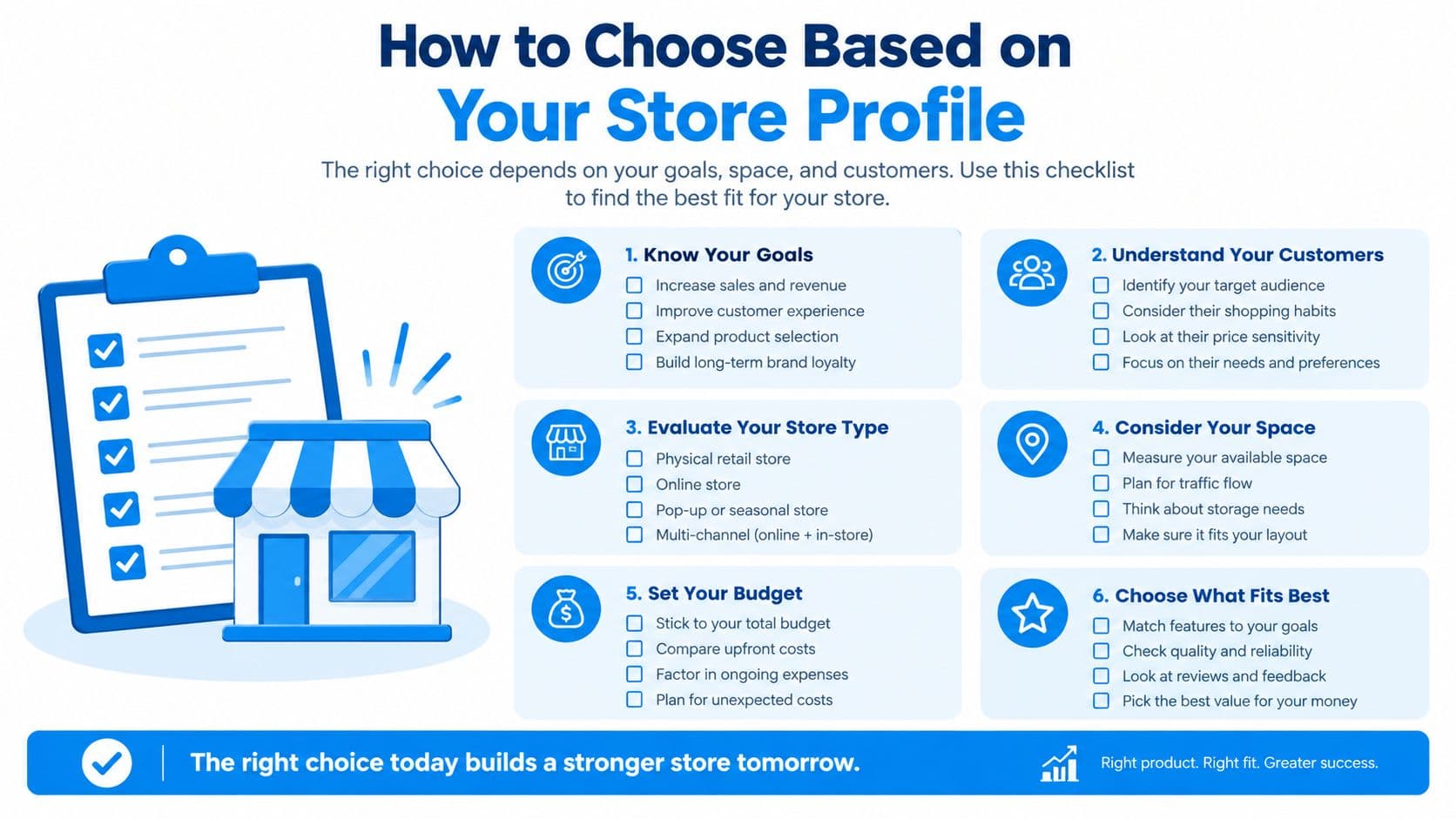 A checklist infographic titled How to Choose Based on Your Store Profile with six strategic categories.