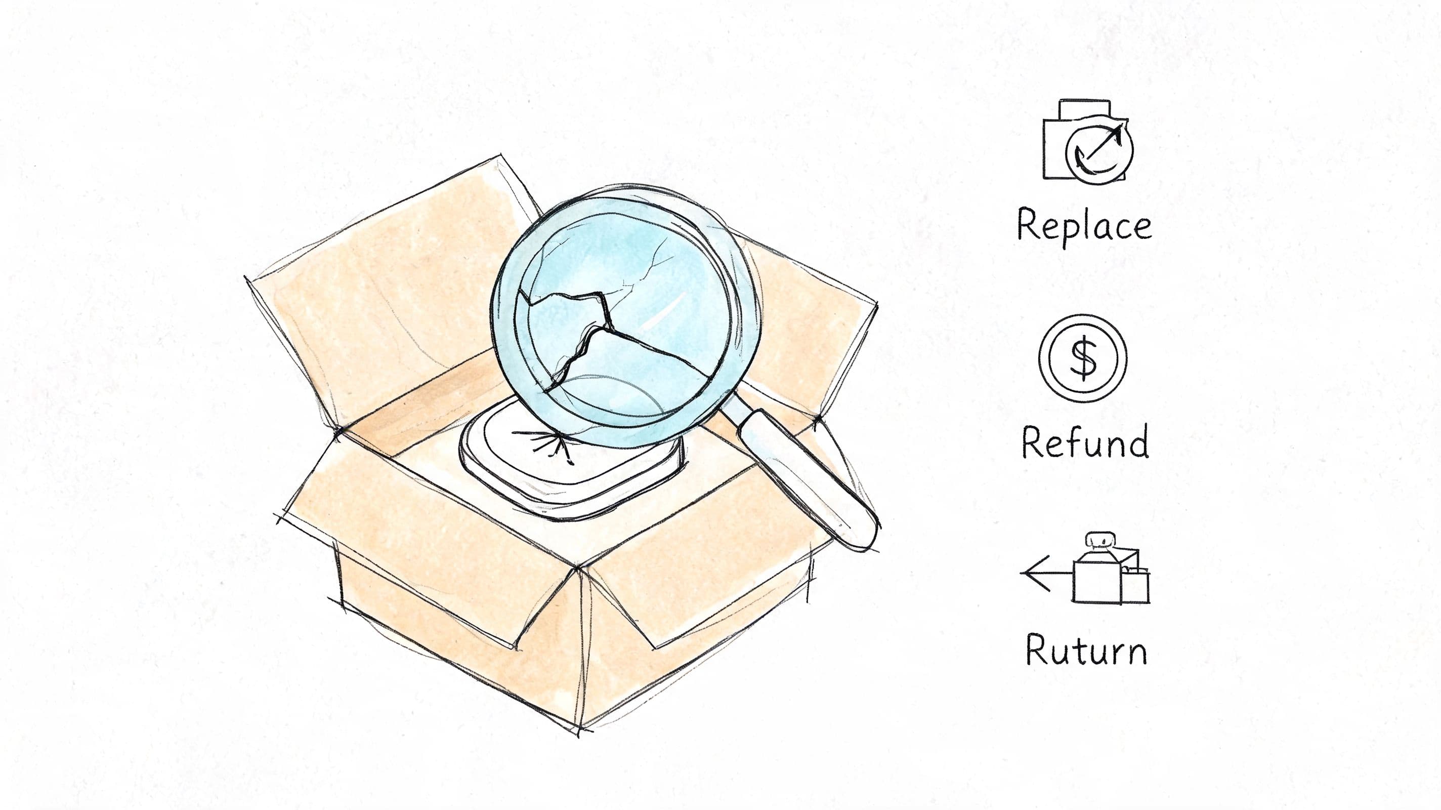 A hand-drawn illustration showing a magnifying glass inspecting a broken object inside a cardboard shipping box.