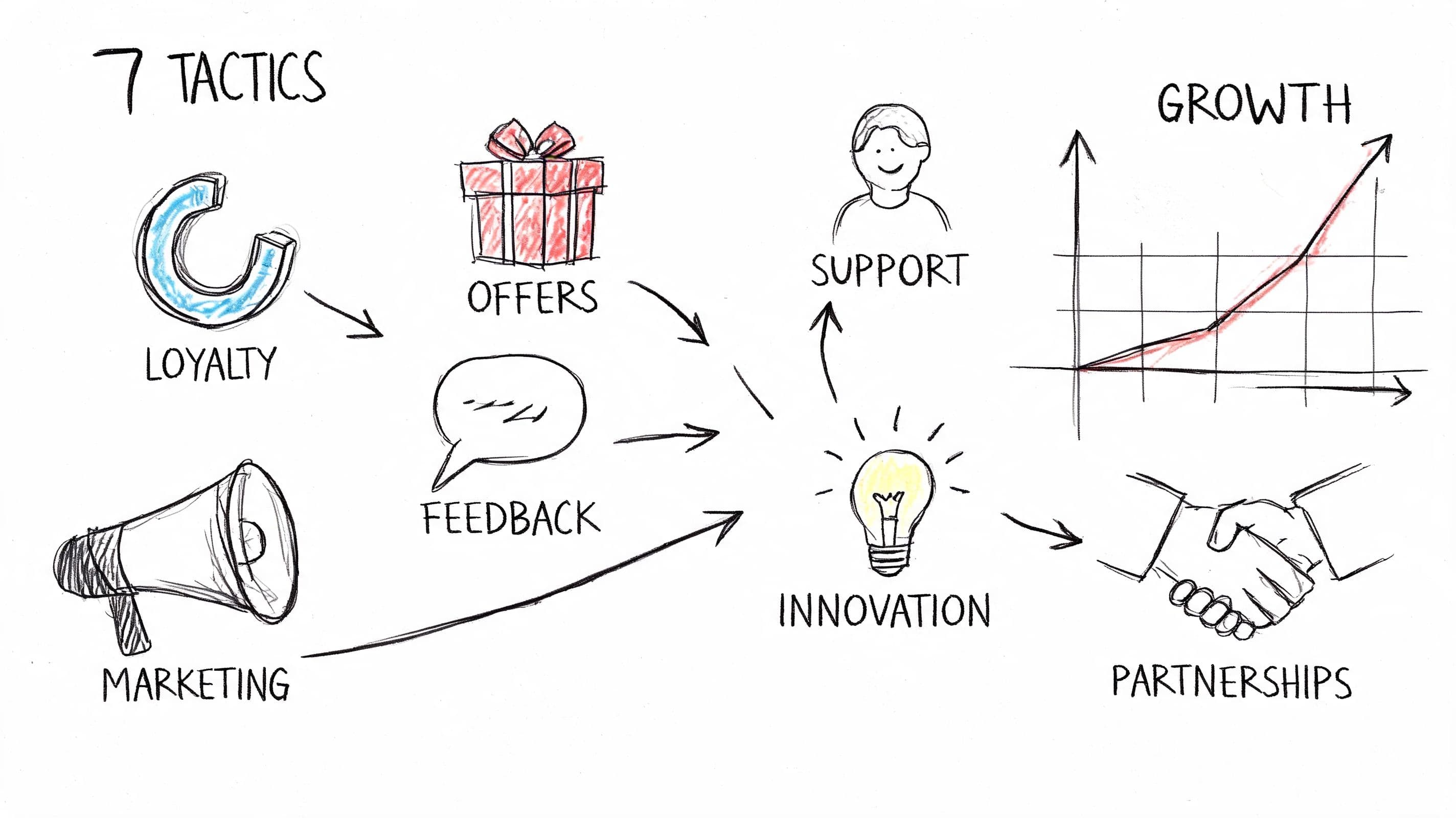 A hand-drawn infographic depicting seven strategic tactics for business growth, including loyalty, offers, feedback, marketing, support, innovation, and partnerships.